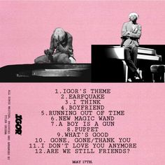 a pink poster with two people sitting at a piano and one person standing in front of the piano