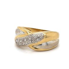 Vintage Statement CrissCross Gold Ring, 0.10CT Natural Diamond, 18k Two-Tone Gold ring, Estate Jewelry, Twisted Band Ring, gold dome ring "Jewelry Material: Yellow+ White Gold 18k (the gold has been tested by a professional) Total Carat Weight: 0.10ct (Approx.) Total Metal Weight: 6.31g Size: 7.75 US \ EU 55.9 / Diameter 17.97mm (inner diameter) Grading Results: Stone Type: Diamond Shape: Single Cut Carat: 0.10ct (Approx.), Stones quantity:12 Color: H  Clarity: SI2 Feel free to contact us for in Anniversary Yellow Gold Wide Band Ring With Pave Setting, Gold Domed Diamond Ring Fine Jewelry, Formal Diamond Dome Ring With Hallmark, 14k Stamped Domed Rings For Anniversary, Yellow Gold Domed Rings With Diamond Accents, Formal Hallmarked Diamond Dome Ring, Domed Anniversary Ring With Vvs Clarity, Anniversary Diamond Ring With Polished Domed Shape, White Gold Hallmarked Dome Ring For Anniversary