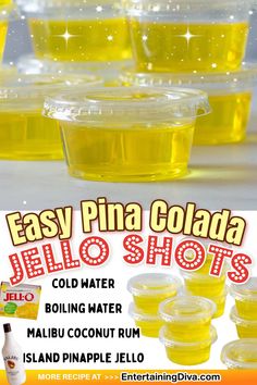 Easy Pina Colada Jello Shots (With Pineapple Jello) | Yellow Jello Shots Pina Colada Jello Shots Recipe, Pina Colada Jello Shots, Rum Jello Shots, Super Bowl Party Games, Colada Drinks, Football Party Appetizers, Making Jello Shots, Jello Shots Recipe, Pineapple Jello