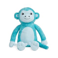 a blue monkey stuffed animal on a white background