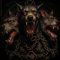 three demonic dogs with chains on their necks and fangs hanging down from them'mouths