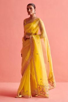 Yellow hand embroidered organza saree with mix of french knots and dabka work in tulip floral jaal pattern on pallu and border. Paired with a sleeveless matching mashru silk padded blouse and petticoat. - Aza Fashions Embellished Saree Blouse, French Tulip, Embellished Saree, Dabka Work, Organza Embroidery, Padded Blouse, Yellow Saree, Embroidered Organza, French Knots