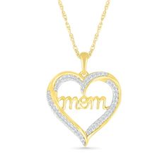 Make Mom's day extra special with this sparkling diamond heart pendant in gold-plated silver. Crafted in sterling silver with 14K gold plate Diamond-lined and polished ribbons create the heart-shaped outline. The word "mom" shines in a cursive font across the center. This 1/5 ct. t.w. diamond pendant suspends along an 18.0-inch rope chain that secures with a spring-ring clasp. Stamped 14k Heart Cut Jewelry For Mother's Day, Mother's Day Gold Jewelry With Diamond Accents, Gold Jewelry With Diamond Accents For Mother's Day, Mother's Day 14k Gold Jewelry With Diamond Accents, Mother's Day Yellow Gold Diamond Jewelry, 14k Gold Jewelry With Diamond Accents For Mother's Day, Yellow Gold Diamond Cut Jewelry For Mother's Day, Mother's Day Anniversary Jewelry With Diamond Accents, Anniversary Jewelry For Mother's Day With Diamond Cut