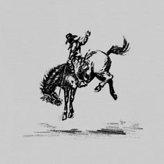 an ink drawing of a cowboy riding a bucking bronco