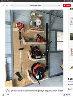 tools are stored on shelves in a garage