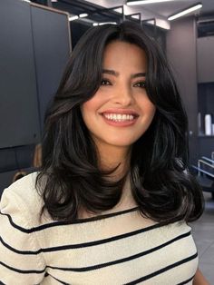 26 Ideas for Curtain Bangs to Ask Your Stylist For | The Everygirl Curtain Bangs Medium Hair Black, Best Short Haircuts For Long Faces, Dark Brown Hair Bangs Mid Length, Thick Ends Haircut, Haircut Till Shoulder, Medium Hair Cuts Brunette, Jet Black Hair Mid Length, Medium Dark Haircut, Long To Short Hair Before And After Round Face