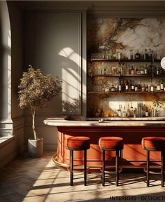 an elegant bar with stools and bottles on the wall behind it in a sunlit room