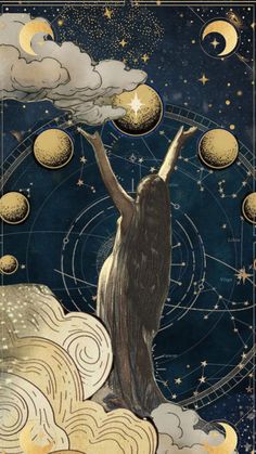 a woman standing on top of a cloud filled sky with stars and moon phases above her