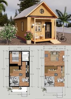 two story tiny house with floor plans and measurements for each room in the same area