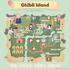 a map with people on it and the words, ghibli island in english