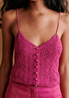 Francisco Top - Fuchsia - 0rganic cotton - textile made from organic fibers - Sézane Summer Pointelle Knit Camisole, Chic Knit Camisole With Spaghetti Straps, Knit Camisole With Spaghetti Straps, Elegant Pointelle Knit Tank Top For Summer, Elegant Summer Pointelle Knit Tank Top, Elegant Crochet Top With Open Knit V-neck, Elegant Crochet V-neck Top For Summer, Elegant V-neck Open Knit Crochet Top, Fitted Crochet Lace Top With Spaghetti Straps