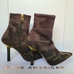 Brand New - Never Worn Or Tried Camo Neoprene Size 6.5 Pointed Toe Zip Closure Heel Has Gold Tone Accent Made In Spain Comes With Box And Dust Bag. Box Lid Is Slightly Damaged As Shown In Images. Fitted High-top Booties For Fall, Camo Heels, Patent Leather Booties, Square Toe Ankle Boots, Pink Booties, Chunky Heels Boots, Black Boots Women, Black Chelsea Boots, Pull On Boots