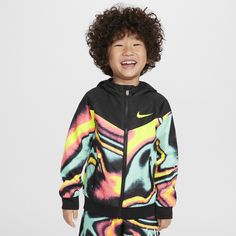 Rain? What rain?! Little athletes can still take it to the max in this statement jacket! It provides lightweight warmth and has a roomy cut and full-zip closure for easy layering. Zippered pockets help secure small essentials and the cozy billed hood and water-resistant finish helps kiddos stay warm and dry in light rains. Nike Track Jacket For Spring Sports, Spring Sports Hooded Track Jacket, Nike Windbreaker For Gym In Fall, Nike Fall Windbreaker For Gym, Spring Sportswear Track Jacket With Hood, Spring Hooded Track Jacket Sportswear, Nike Hooded Track Jacket For Spring, Nike Hooded Spring Track Jacket, Nike Spring Streetwear Activewear