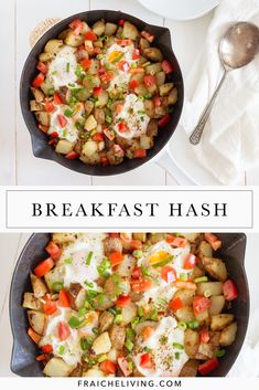 two photos of breakfast hash browns in skillets with eggs and tomatoes on the side