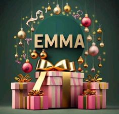 christmas presents with the word emma surrounded by baubles and ornaments on a green background