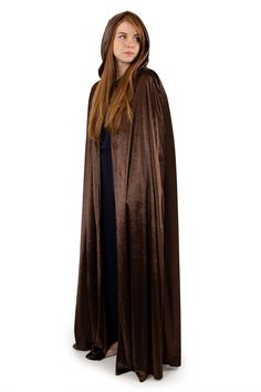 This full length Brown Adult Cloak is perfect for a variety of dress up occasions; wear to any Halloween Party, Cosplay, Role Playing, Gothic, Steampunk, Renaissance, Medieval Events or a Masquerade Ball! Made from crushed brown velvet, measuring from 60.5" from neckline to hem Fully lined hood and ornate metal fastening clasp Machine washable and made for repeat use Breathable, Silky Soft, 100% Polyester Fabrics Dress Ups & Accessories Sold Separately Solid Color Costume For Halloween Party, Brown Costume For Halloween Fantasy Events, Brown Halloween Costume For Fantasy Events, Brown Costume Accessories For Cosplay Halloween, Brown Cosplay Costume For Halloween, Medieval Costumes For Fall Costume Party, Medieval Costumes For Costume Party In Fall, Medieval Costumes For Party And Cosplay Events, Brown Cloak