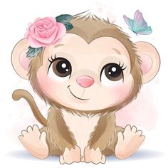 a little monkey with a flower on its head sitting next to a butterfly and pink rose