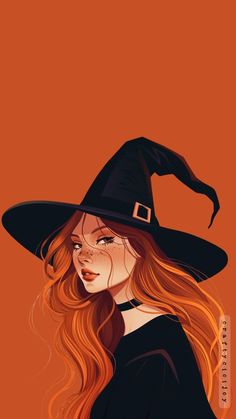 a woman wearing a witches hat with long red hair