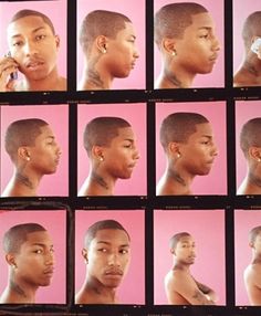 multiple images of a young man with different facial expressions on his face and neck, in front of a pink background