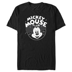 Celebrate 100 years of Disney with exciting new officially licensed designs for the whole family featuring all your favorite beloved characters from the past 100 years! This Men's Disney 100 Mickey Mouse Club Black and White Graphic T-Shirt features retro Mickey Mouse with the text: "Mickey Mouse club since 1955" across the front. Whether you're heading to the parks or celebrating at home with a classic movie marathon, grab your Disney 100 gear today and get in on all the fun! Character Print T-shirt For Disney Fan Events, Mickey Mouse Crew Neck T-shirt For Disney Events, Mickey Mouse Disney T-shirt For Fan Events, Disney Mickey Mouse T-shirt For Fan Events, Black Disney Fan Merchandise T-shirt, Black Disney T-shirt For Fan Events, Black Disney Graphic Tee, Disney Mickey Mouse Fan Merchandise Tops, Retro T-shirt With Disney Character Print For Fan Events