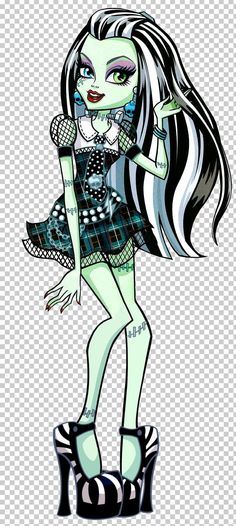 a drawing of a girl with long black hair and green eyes, wearing high heeled shoes