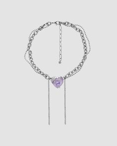 Details: Silver necklace with front lilac heart gemstone design Trendy Metal Heart Necklace With Heart Beads, Trendy Metal Heart Beads Necklace, Trendy Purple Clavicle Chain Necklace, Trendy Purple Jewelry With Heart Beads, Purple Double Heart Jewelry With Heart Charm, Purple Double Heart Charm Jewelry, Purple Metal Clavicle Chain Necklace, Trendy Metal Heart Pendant Necklace, Trendy Heart Necklace With Chain