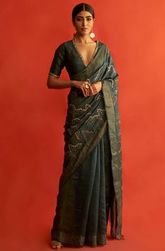 Saksham & Neharicka | Emerald Green Saree With Blouse | INDIASPOPUP.COM Graduation Saree, Emerald Green Saree, Olive Green Saree, Emerald Green Fabric, Indian Fits, Full Sleeve Blouse, Plain Saree, Silk Saree Blouse Designs, Yellow Saree