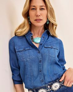 Denim Split Cuff Pocket Shirt - Chico's Linen Top Women, Dress Blues, Classic Style Women, Dresses Pants, Pocket Shirt, Womens Designer Fashion, Sweaters And Jeans, Pants Jeans, Linen Top