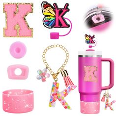 pink items are arranged in the shape of letters and numbers, including a coffee mug