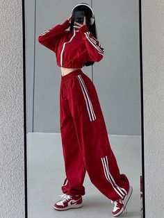 One Piece Outfits, Loose Sweatpants, Red Joggers, Red Trousers, Straight Clothes, Tracksuit Pants, Zip Up Sweatshirt, Red Suit, Pant Sets