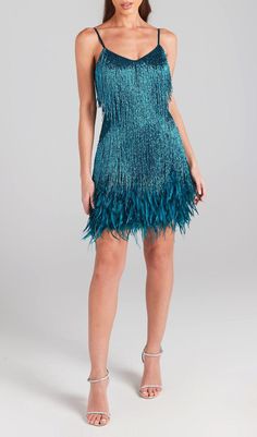 TASSEL FEATHER MINI DRESS IN EMERALD Teal Party, Teal Mini Dress, Feather Mini Dress, Nadine Merabi, Teal Dress, Red And Teal, Feather Dress, Fringe Dress, Sequin Mini