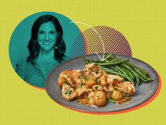 a woman is smiling next to a plate of food with shrimp and green beans on it