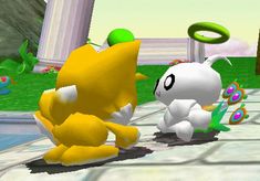 an animated video game character playing with another character