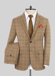 Looking for a timeless and sophisticated look? Our Italian Anbino Camel Brown Wool Suit is perfect for you. Crafted from pure merino wool, it combines drama with classic style for an elegant and stylish appearance. Additionally, the eye-catching brown plaid pattern adds versatility to the formal touch, making it an excellent choice for enhancing your workwear at the office. 
   
Look features a 2 button jacket with notch lapels, faux horn brown buttons, single vent, two cuff buttons and two welt Luxury Fitted Tweed Jacket With Welt Pockets, Luxury Fitted Tweed Jacket For Business Casual, Classic Fitted Wool Tweed Jacket, Classic Three-piece Fall Suit, Classic Winter Suit With Custom Fit, Elegant Beige Suits With Welt Pockets, Elegant Wool Three-piece Suit, Single Breasted, Classic Custom Fit Winter Suit, Fitted Wool Three-piece Suit With Long Sleeves