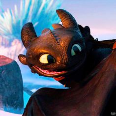 an animated dragon with big eyes and large ears standing in front of a blue background