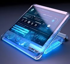 an electronic device that is glowing in the dark with blue light coming out of it