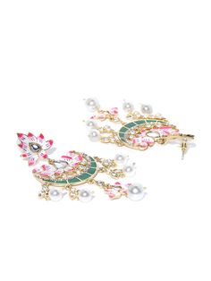 These beautiful green & pink crescent-shaped chandbali earrings come with kundan stone studs & beads, are gold-plated with hand-painted meenakari work, and are secured with a post and back closure. These handcrafted chandbalis can be paired with any traditional outfit to add a punch of colorful boost, and help you stand out. Product color may vary based on the monitor or screen you are using.See FAQ for more details. Size Length: 10 cm Details Material: BrassStones: Kundan & Artificial BeadsPlat Multicolor Meenakari Chandbalis, Green Chandbalis For Eid Festival, Green Chandbalis For Eid Festivities, Green Chandbalis For Eid Festive Occasions, Eid Meenakari Chandbali Earrings, Eid Meenakari Chandbalis, Multicolor Chandbali Chandelier Earrings, Green Meenakari Chandelier Earrings For Diwali, Green Kundan Chandbalis For Eid