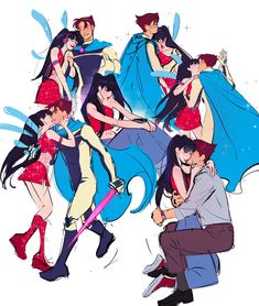 some anime characters are posing together for a picture in front of a white background with blue and red colors