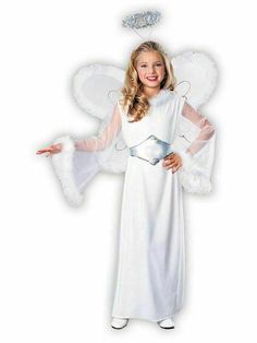 This is "Snow Angel", a child size 4 piece costume. Includes, white polyester gown, with white sheer overlay, sheer bell sleeves,  trimmed at the neck and sleeves with white & silver marabou feather trim. Includes a silver vinyl and poly tie on belt, sheer wired wings trimmed with marabou, and a silver tinsel halo headband. Child size large measures: Bust-34" Length-44" Girls Angel Costume, Different Halloween Costumes, Angel Kids, Feather Fashion, Silver Gown, Beautiful Long Dresses, Angel Outfit, Angel Costume, Snow Angel