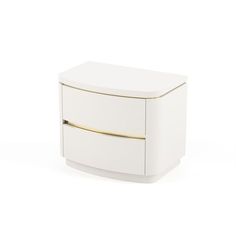 a white cabinet with two gold handles on the front and side drawers, against a white background