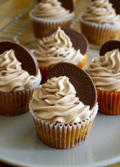 chocolate cupcakes with white frosting on a plate