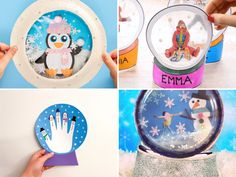 four different pictures with hand prints and snowmen on them, one is holding a paper plate