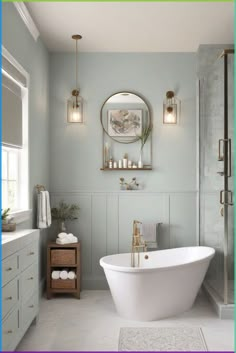 a white bath tub sitting under a mirror in a bathroom