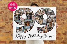 a woman holding up a sign that says 90th birthday reunion with photos on it