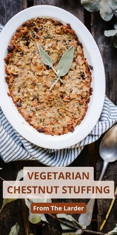 vegetarian cheesnut stuffing from the lander on a wooden table with spoons