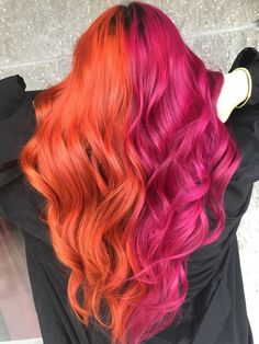 Orange And Magenta Hair, Pink Red Orange Hair, Split Pink Hair, Split Dye Orange, Red And Pink Split Dye, Orange And Pink Outfit, Split Hair Color Ideas