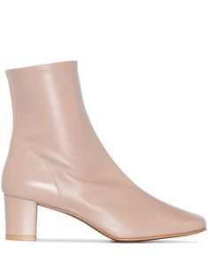 Beige leather 60mm ankle boots from BY FAR featuring ankle-length, almond toe, mid block heel and tonal stitching. Hand Gestures, Pink Boots, Brown Ankle Boots, Womens Boots Ankle, Bergdorf Goodman, Minimal Fashion, Leather Ankle Boots, Boot Shoes Women, Ankle Length