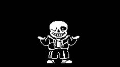 a pixeled image of a skeleton with arms out and eyes closed, standing in front of a black background