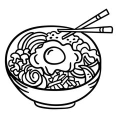 a bowl of noodles with chopsticks and an egg in the middle, on a white background