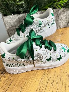 Shoe ideas!! Quinceanera Shoes Sneakers Green, Emerald Green Quince Shoes, Quince Surprise Dance Outfits, Quince Heels, Emerald Green Shoes, Emerald Green Heels, Surprise Dance Outfits, Quince Shoes